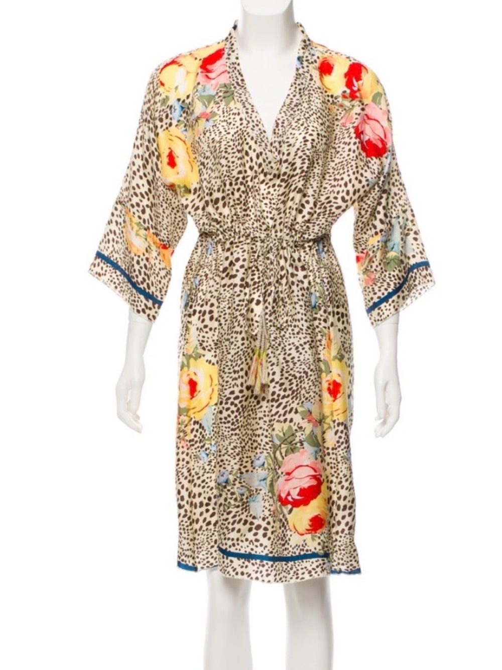 Gerard Darel Beige Floral & Leopard Print Satin Kimono